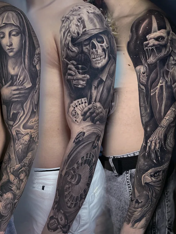 male black and grey realism татуировка на full sleeve #77666 | Тату мастер Константин Киндяков