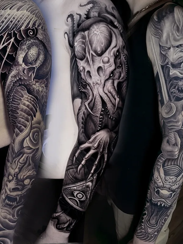 black and grey black and grey татуировка на full sleeve #77667 | Тату мастер Константин Киндяков