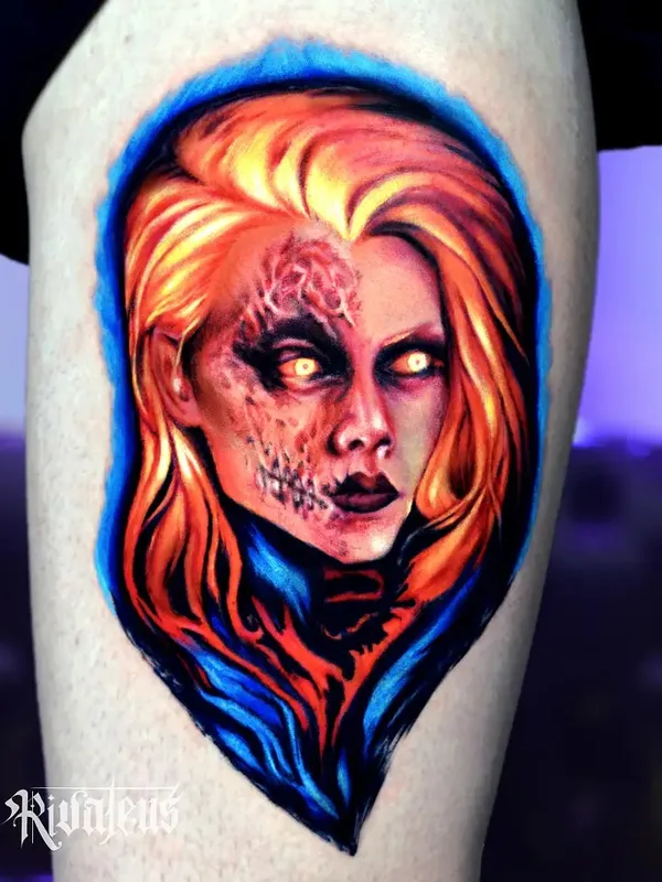 female color realism татуировка на thigh #77702 | Тату мастер Tugce Soylu