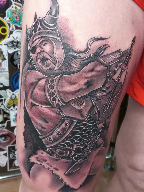black and grey realism татуировка на thigh #78199 | Тату мастер Игорь SMOLA Смольников
