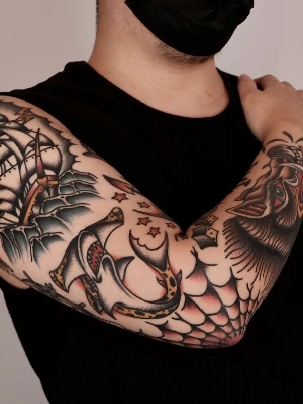 color traditional tattoo auf full sleeve #78255 | Tätowierer Ducky