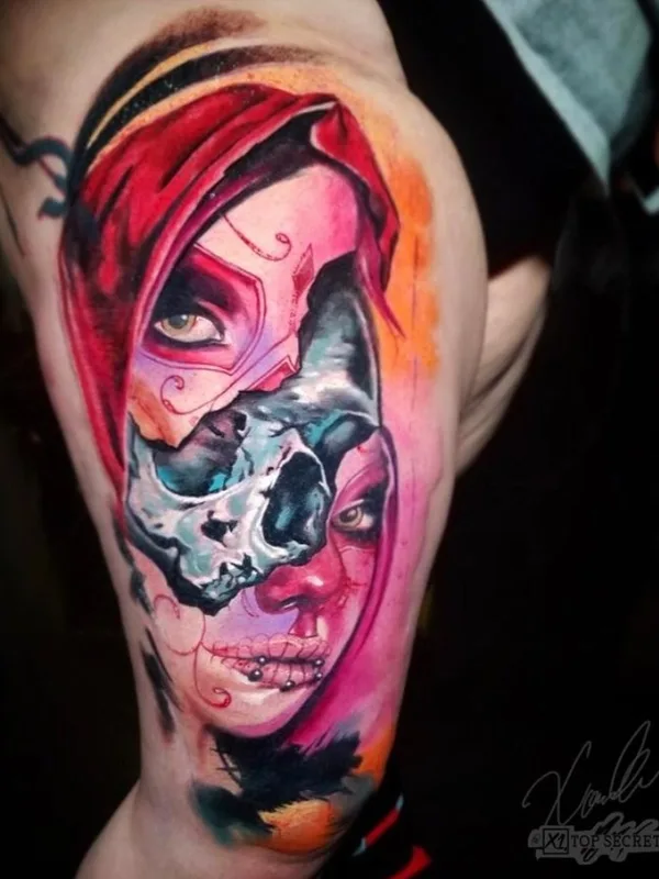 female color realism татуировка на thigh #78319 | Тату мастер XAVIER ALVAREZ 