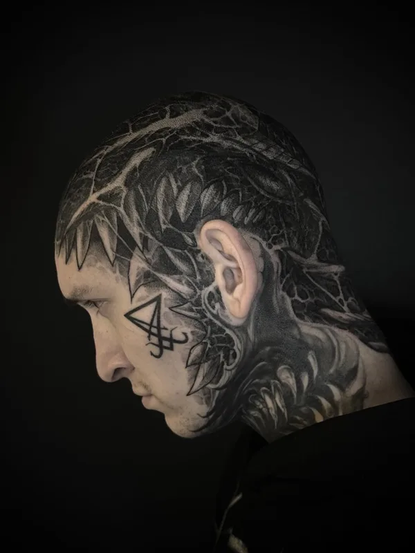 male black and grey blackwork tattoo on face #78508 | Tattoo Artist Влад Цедейко