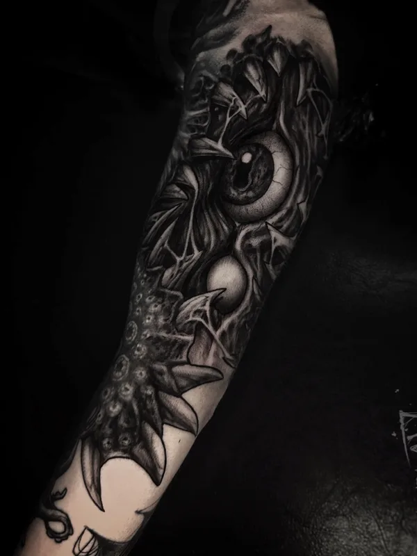 black and grey blackwork tattoo on full sleeve #78511 | Tattoo Artist Влад Цедейко
