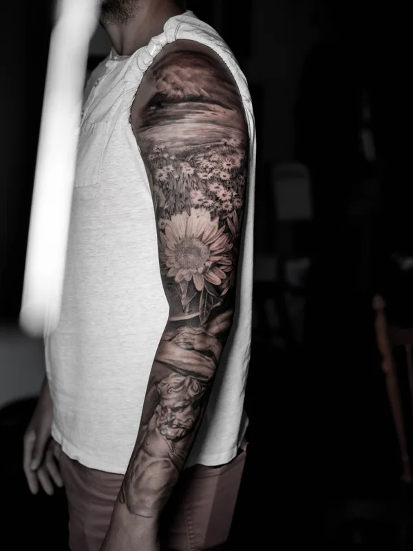 male black and grey realism татуировка на full sleeve #78809 | Тату мастер Nima Jolan
