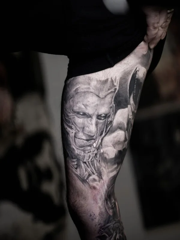 black and grey realism татуировка на thigh #78810 | Тату мастер Nima Jolan