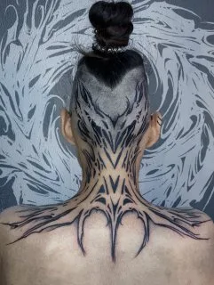 black blackwork Tatuagem em back of neck #78826 | Tatuador KOLYASAFER (Коля Сафер)