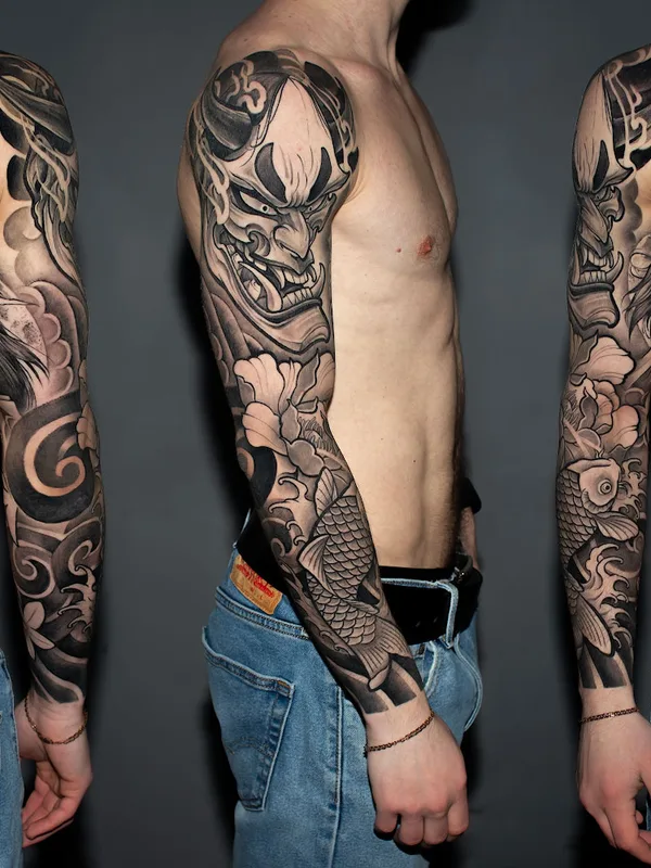 male black and grey japanese Tatuagem em full sleeve #78925 | Tatuador Константин Овсянников