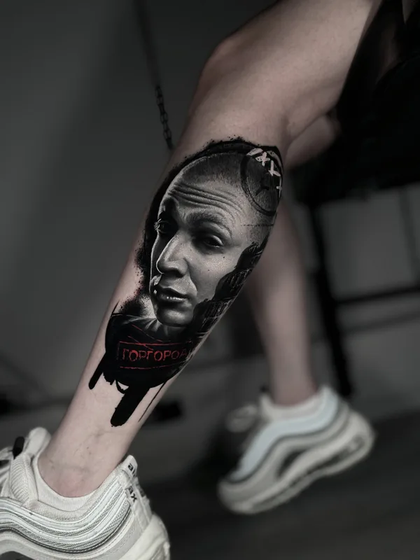 black and grey realism tattoo auf calf #79167 | Tätowierer Maxim Tyatin