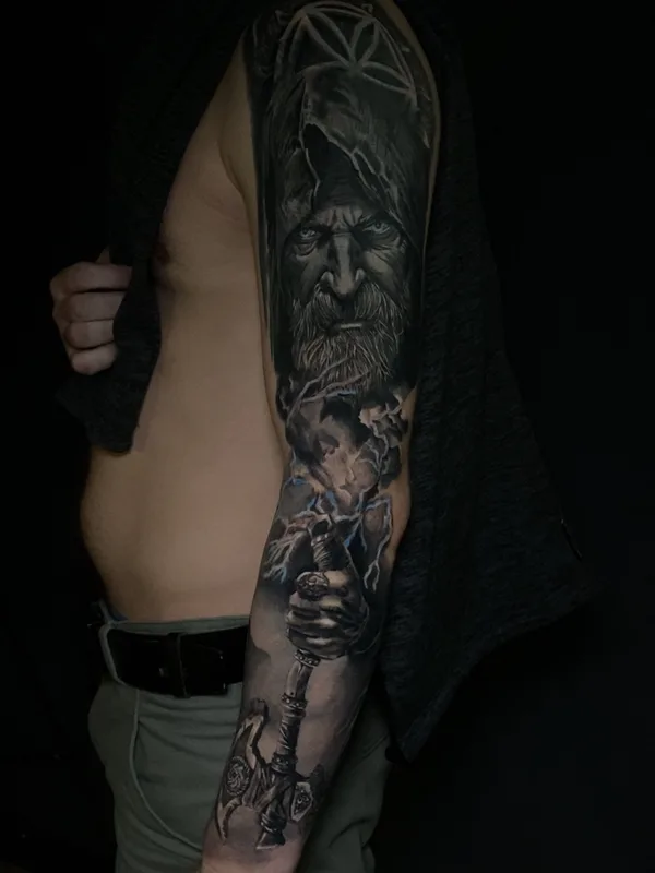male black and grey realism татуировка на full sleeve #79366 | Тату мастер Вера Чертыковцева