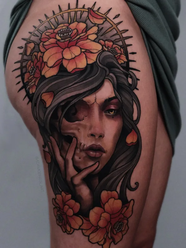 female color illustrative Tatuaggio su thigh #79398 | Tatuatore Adam OBrien