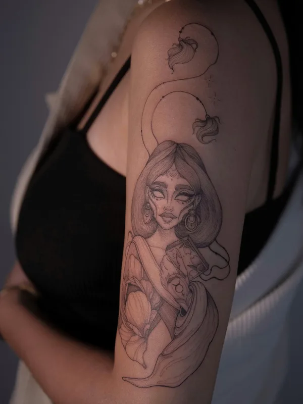 female black and grey illustrative Tatuagem em upper arm #79537 | Tatuador Kseniia Grazhdan