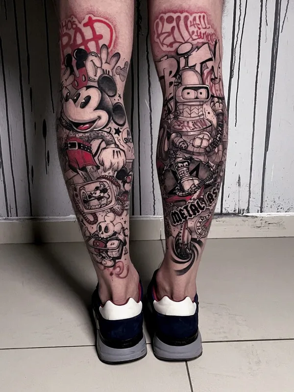 black and grey cartoon татуировка на full leg #79559 | Тату мастер Julia Rock
