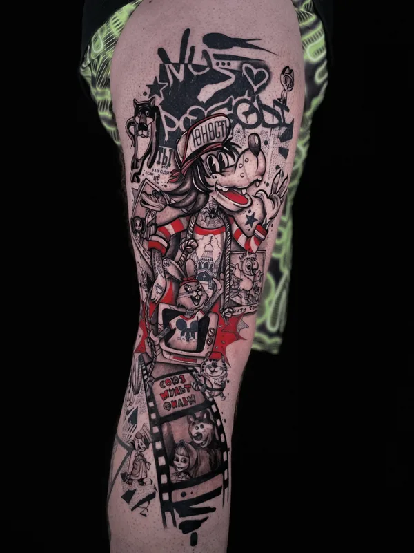 black and grey illustrative татуировка на thigh #79563 | Тату мастер Julia Rock