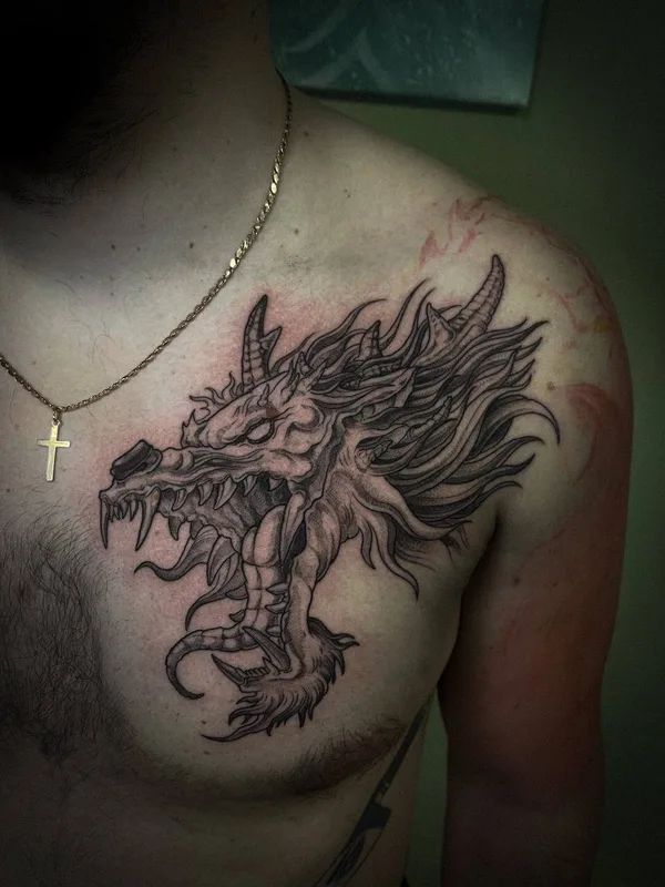 male black and grey japanese Tatuagem em chest #79625 | Tatuador Алексей Корнеев