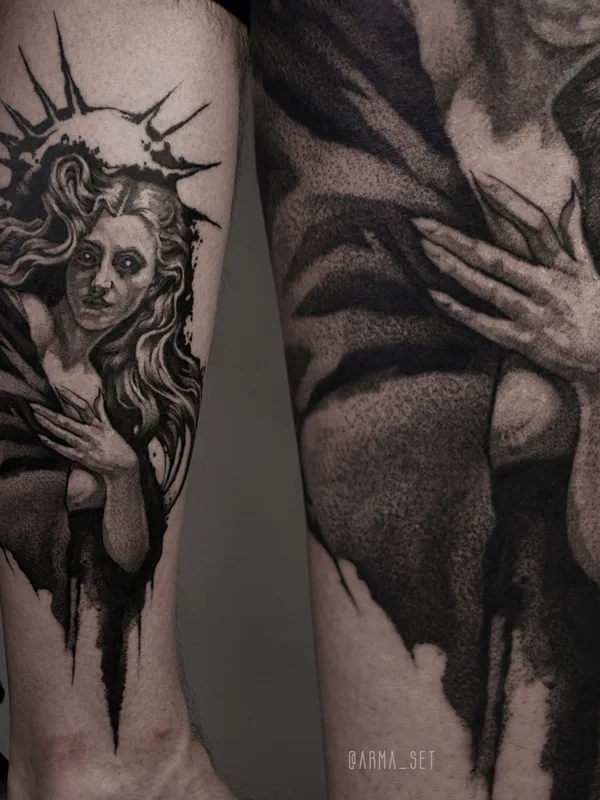 black and grey blackwork татуировка на calf #79691 | Тату мастер Aya Lesskaya