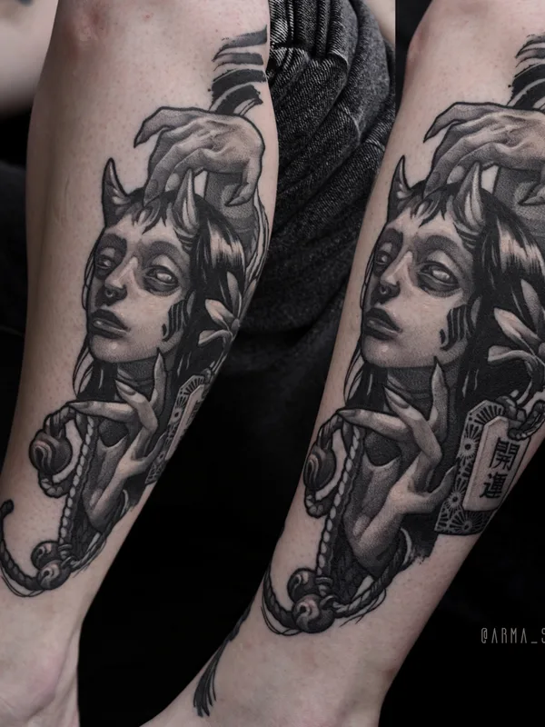 black and grey black and grey татуировка на calf #79695 | Тату мастер Aya Lesskaya
