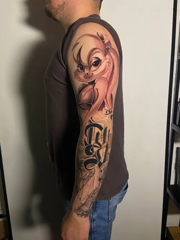 male black and grey cartoon татуировка на full sleeve #79698 | Тату мастер Владислав Коченков