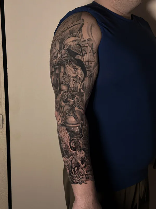 male black and grey realism татуировка на full sleeve #79702 | Тату мастер Владислав Коченков