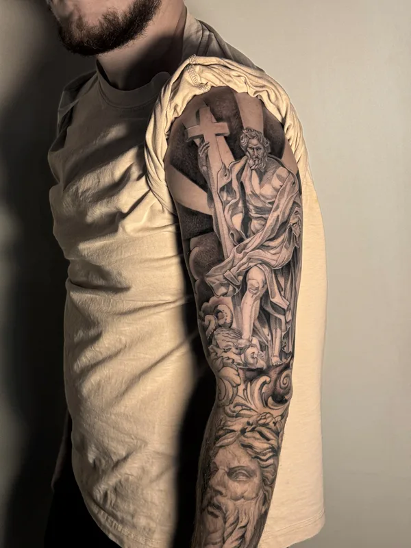 male black and grey realism татуировка на full sleeve #79705 | Тату мастер Владислав Коченков