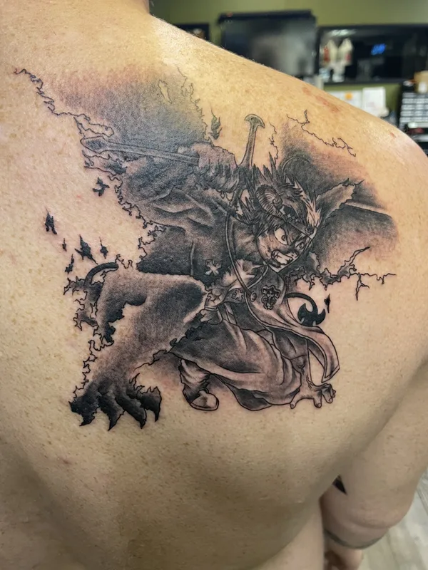 black and grey anime 纹身 在 shoulder #79733 | 纹身师 Clyde Wint - Lyfestyle Tattoos