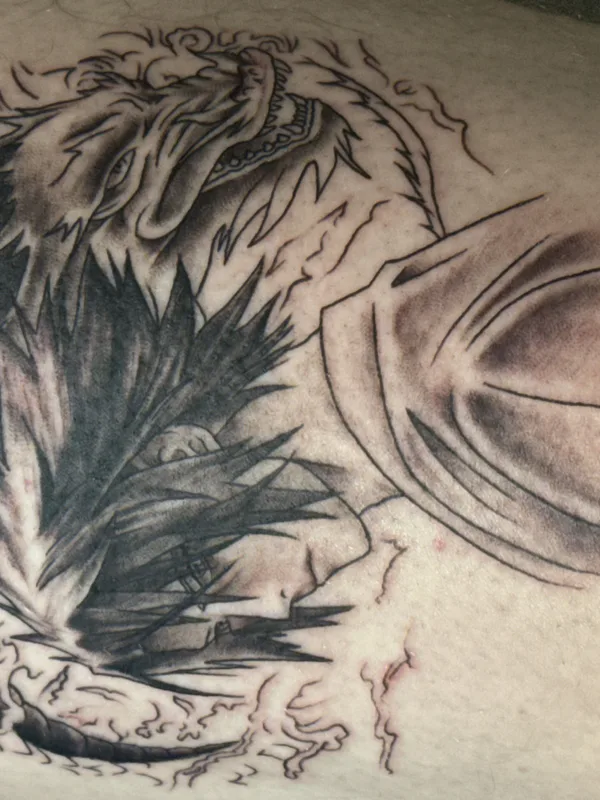 black and grey japanese 纹身 在 calf #79738 | 纹身师 Clyde Wint - Lyfestyle Tattoos