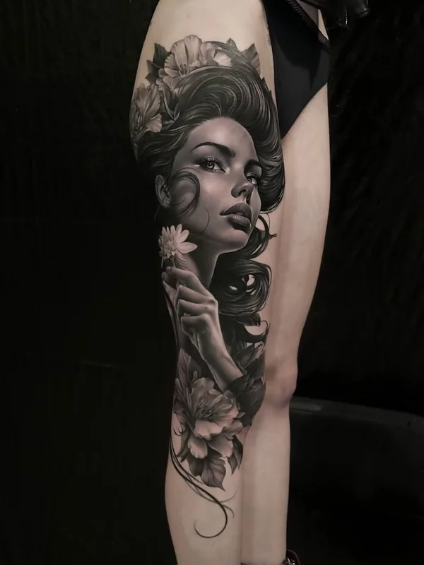female black and grey realism Tatuagem em thigh #79802 | Tatuador Neto Coutinho