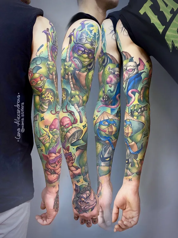 male color illustrative tatouage sur full sleeve #80038 | Artiste tatoueur Лена Александрова