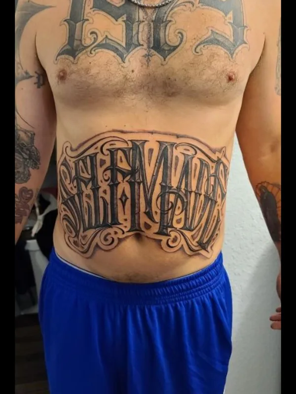 male black and grey lettering tattoo on chest #80066 | Tattoo Artist Jayden Beckman AKA: Ease