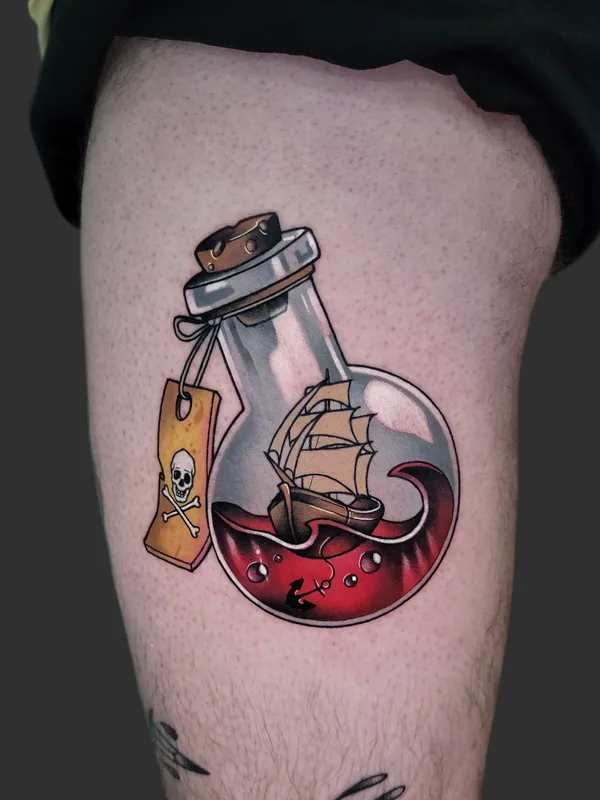 color neo-traditional татуировка на thigh #80117 | Тату мастер sik__tattoo