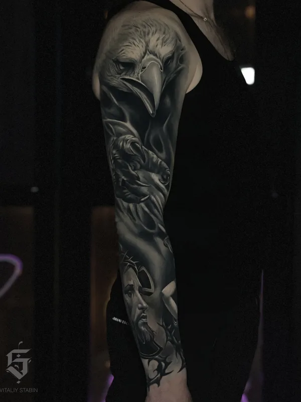 black and grey realism Tatuaggio su full sleeve #80243 | Tatuatore Виталий Стабин