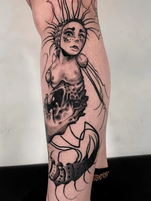 female black and grey illustrative tattoo auf calf #80443 | Tätowierer Никита Пчелинцев