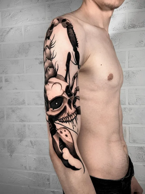 male black and grey blackwork tattoo auf full sleeve #80448 | Tätowierer Никита Пчелинцев
