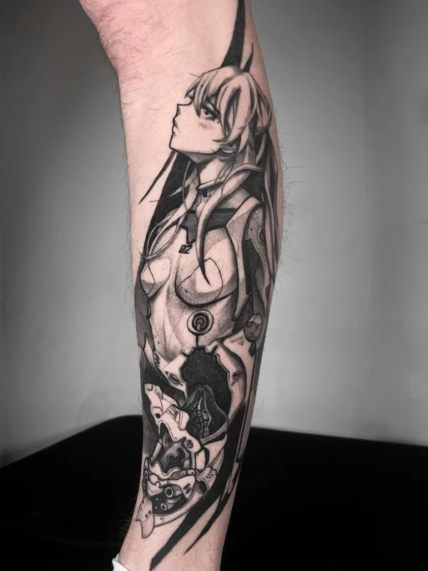 black and grey anime tattoo auf calf #80453 | Tätowierer Никита Пчелинцев