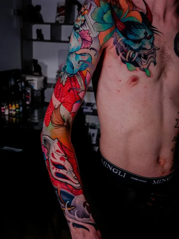 male color neotraditional Tatuaggio su sleeve #80473 | Tatuatore Виктор Рассадний