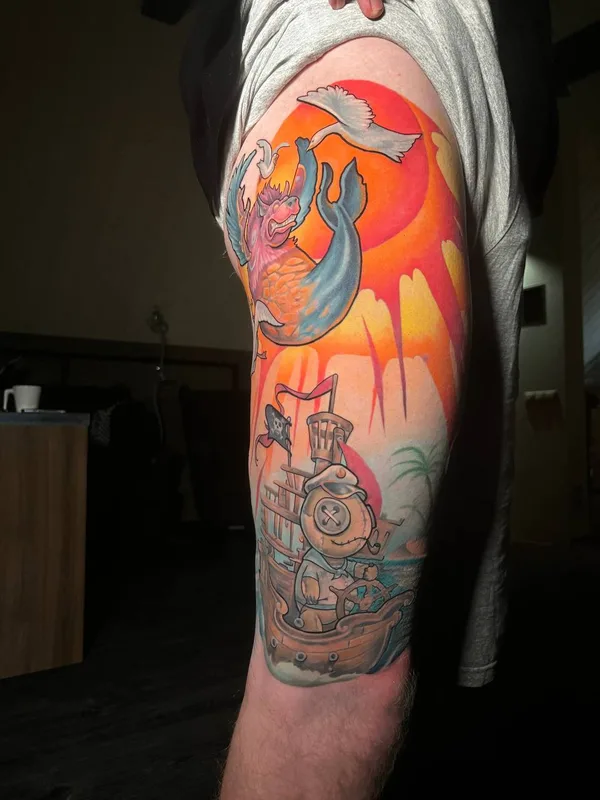 color new school Tatuaggio su thigh #80481 | Tatuatore Виктор Рассадний