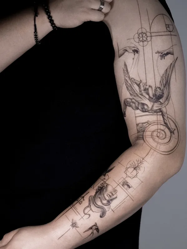 black and grey sketch татуировка на full sleeve #80737 | Тату мастер Кристина Бирюкова
