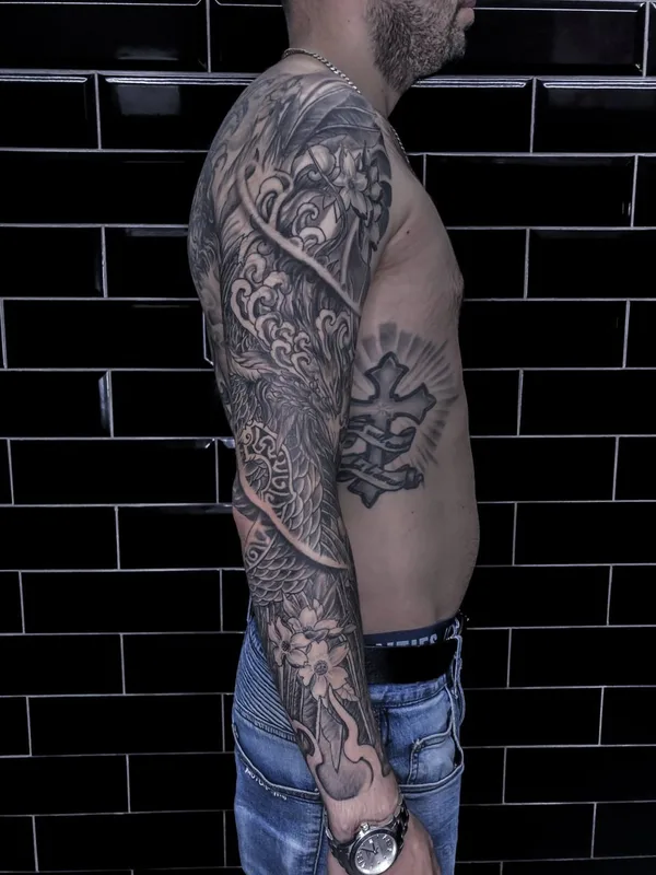 male black and grey japanese татуировка на full sleeve #81221 | Тату мастер Полина Забродина Liod INK