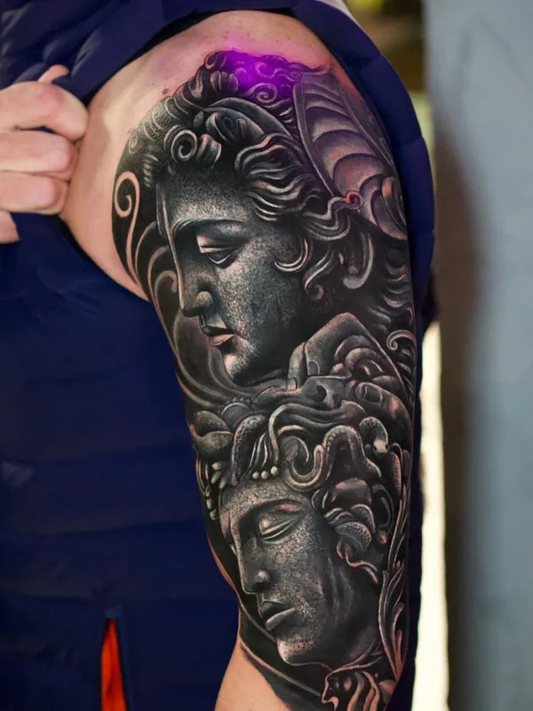 black and grey realism tattoo on full sleeve #81253 | Tattoo Artist Edi Contreras