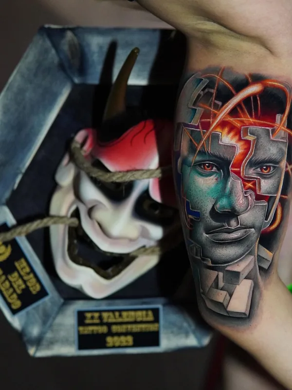 color biomechanical tattoo on bicep #81261 | Tattoo Artist Edi Contreras