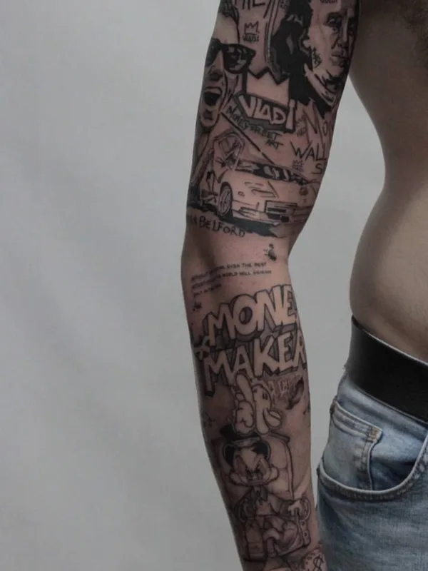 male black and grey sketch татуировка на full sleeve #81325 | Тату мастер Дмитрий Галата