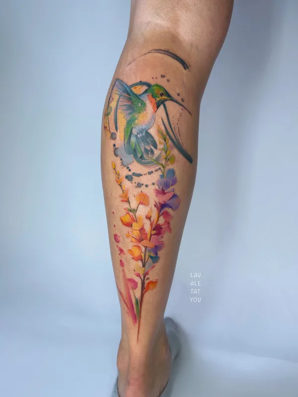 color watercolor tattoo auf calf #81438 | Tätowierer LaVale TatYou