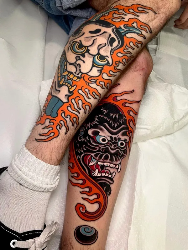 male color neo-traditional tattoo on calf #81508 | Tattoo Artist Michael Rasetti