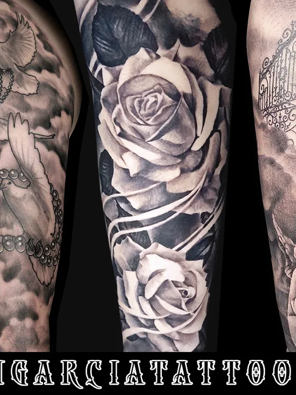 black and grey realism татуировка на full sleeve #81544 | Тату мастер  Alain GARCIA 