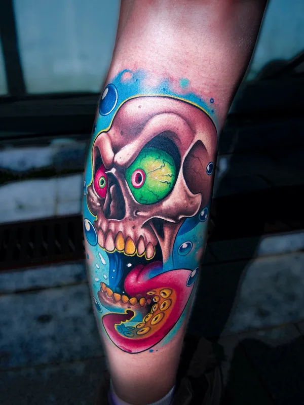 color new school tattoo on calf #81628 | Tattoo Artist Misi Furucz