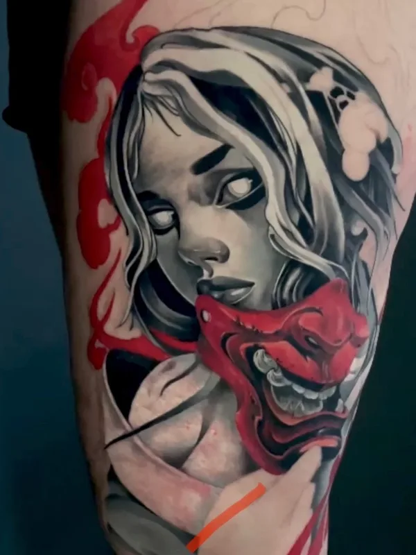 female blackandgrey japanese tatouage sur thigh #81725 | Artiste tatoueur Максим Марков