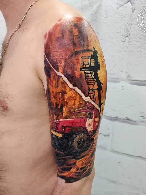 male color realism tattoo on full sleeve #82131 | Tattoo Artist Юрий Куйдунен 
