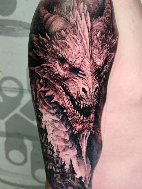 black and grey realism tattoo on full sleeve #82134 | Tattoo Artist Юрий Куйдунен 