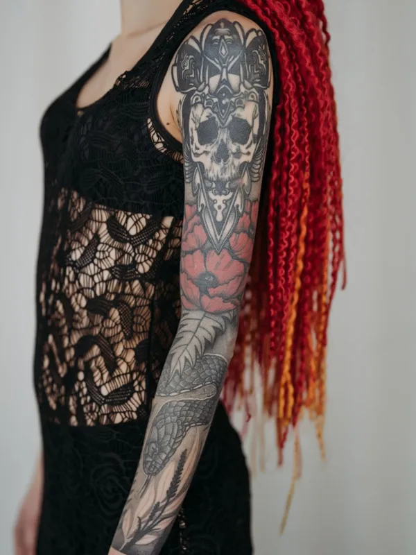 female color black and grey tatouage sur full sleeve #82184 | Artiste tatoueur Olaf Kaminskiy