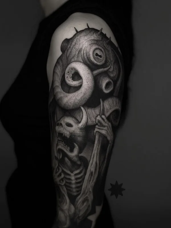 Biomechanical tattoo by Deni Aktemirov in Saint Petersburg
